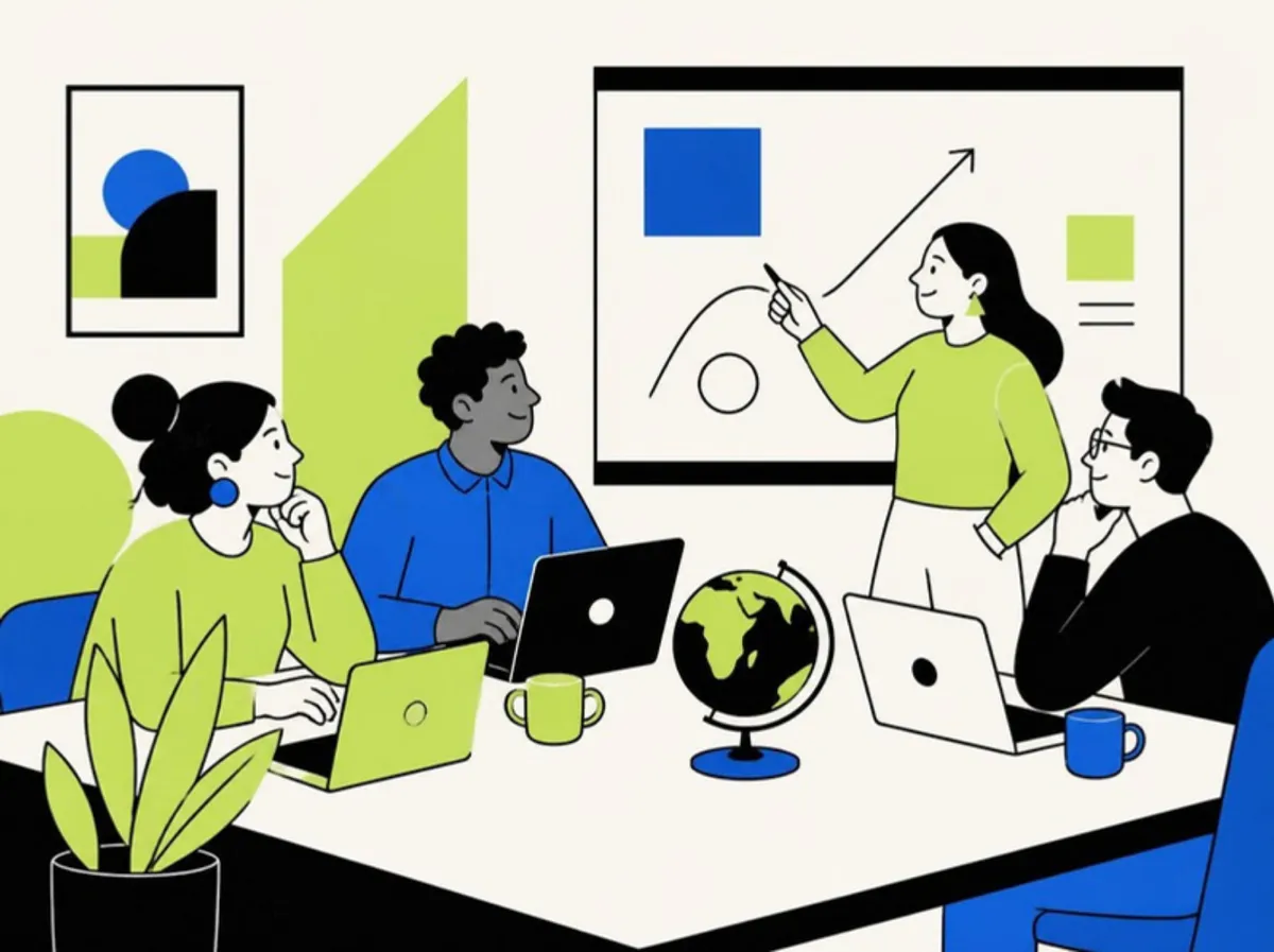 Small software development team of four collaborating around a table with laptops and a globe, one pointing at a growth chart
