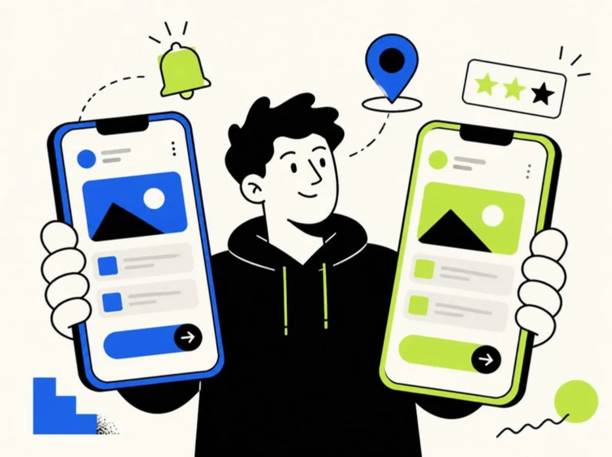 Cross-platform mobile app developer holding iOS and Android phones running the same React Native app with push notifications, location and ratings