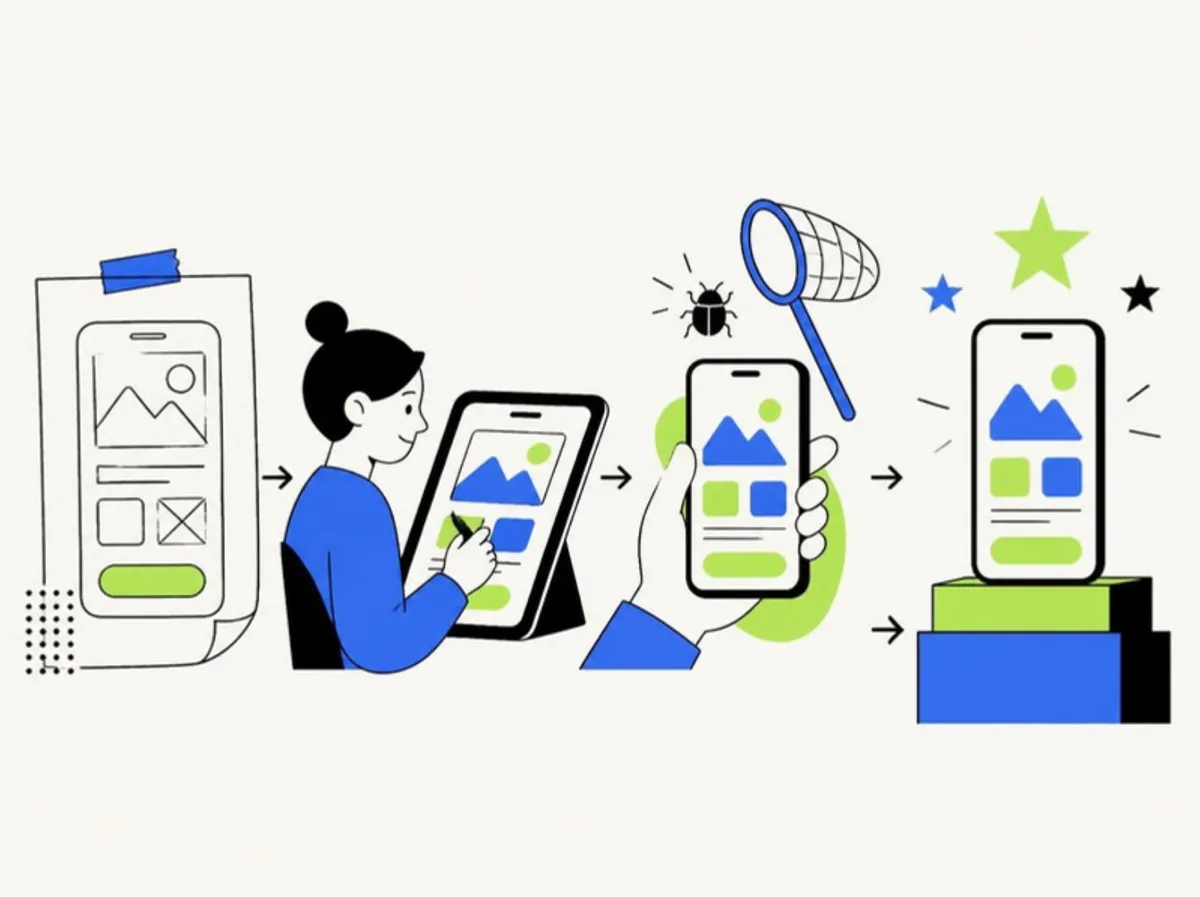 Mobile app development process from paper sketch and UI design to bug testing and a finished app launched on the App Store with five-star reviews