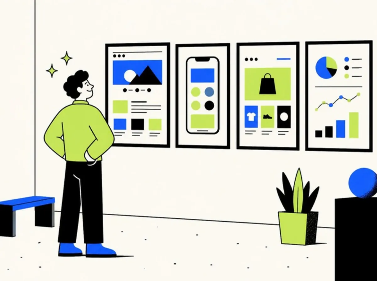 Developer in a gallery viewing framed software portfolio projects: a website, mobile app, online store and analytics dashboard