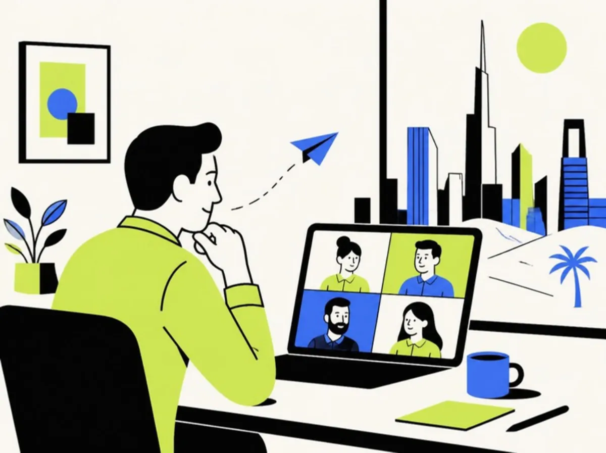 Web and app development for UAE businesses: Dubai business owner on a video call with a remote development team in India