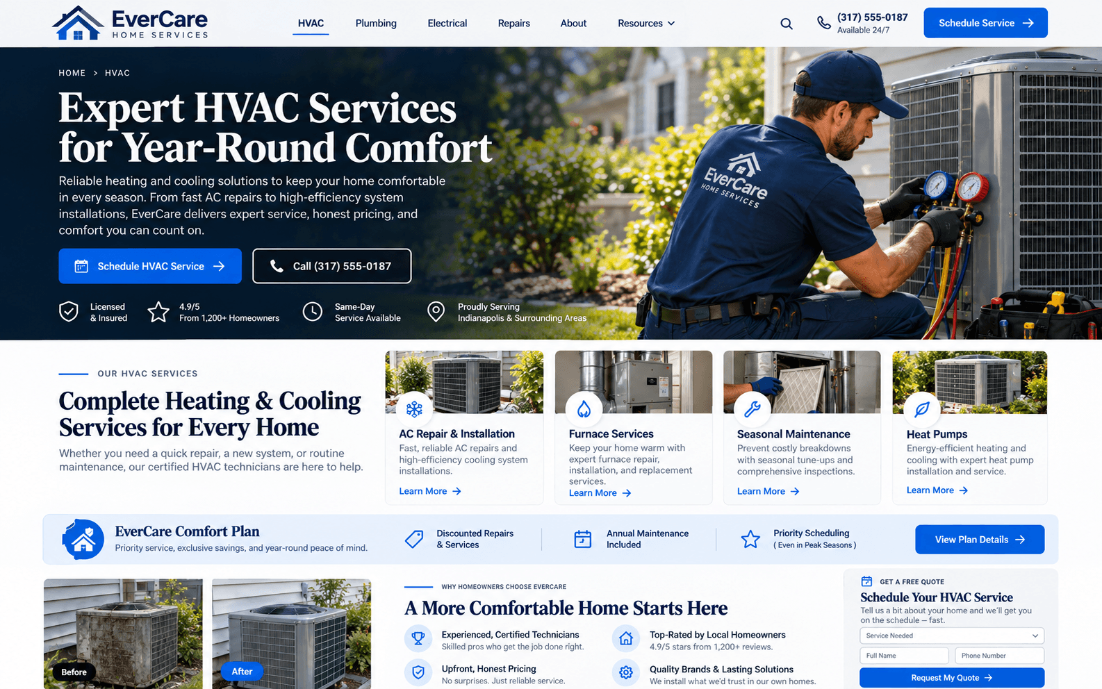 EverCare Home Services — HVAC service page concept interface