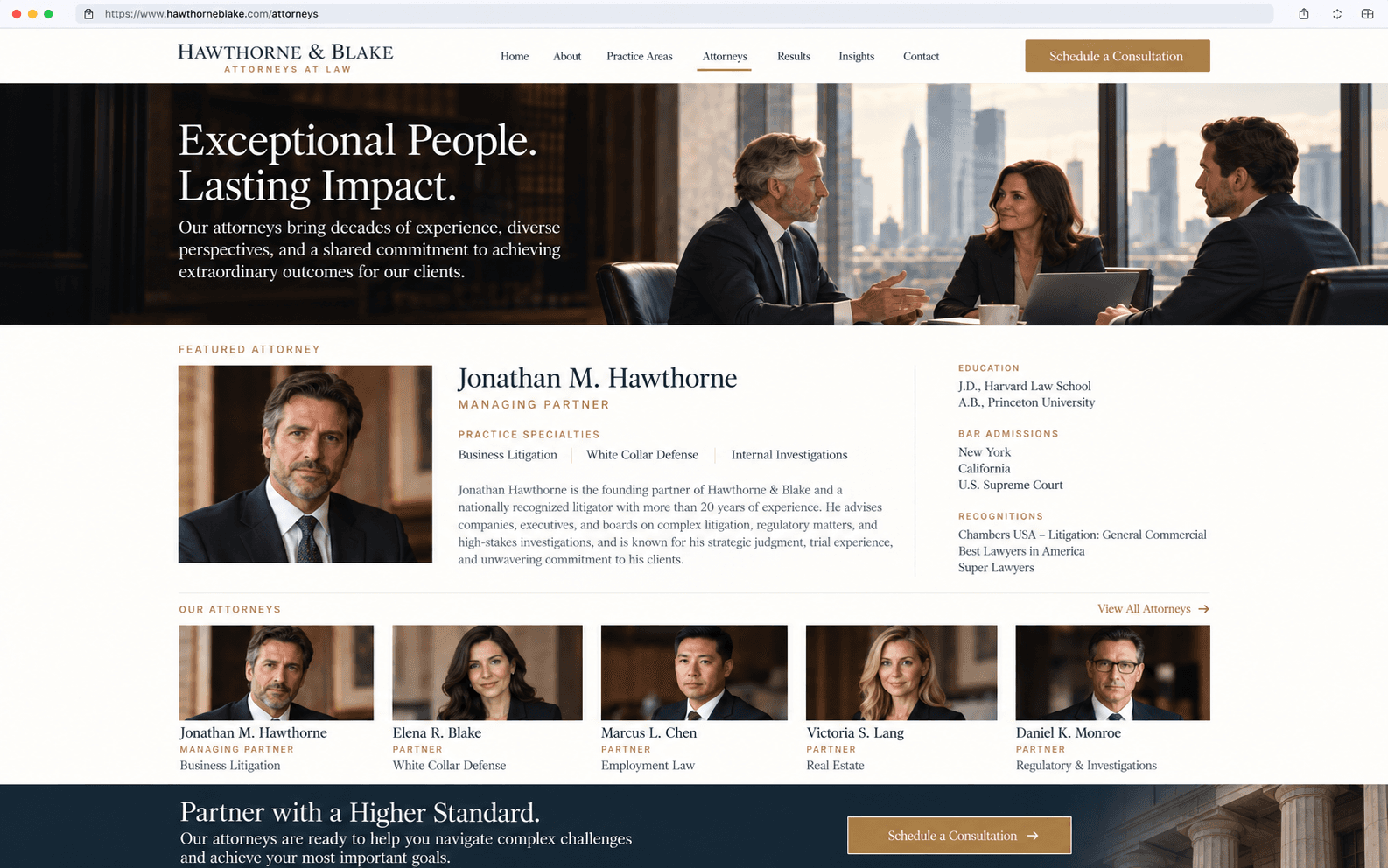 Hawthorne & Blake — Attorney profiles concept interface