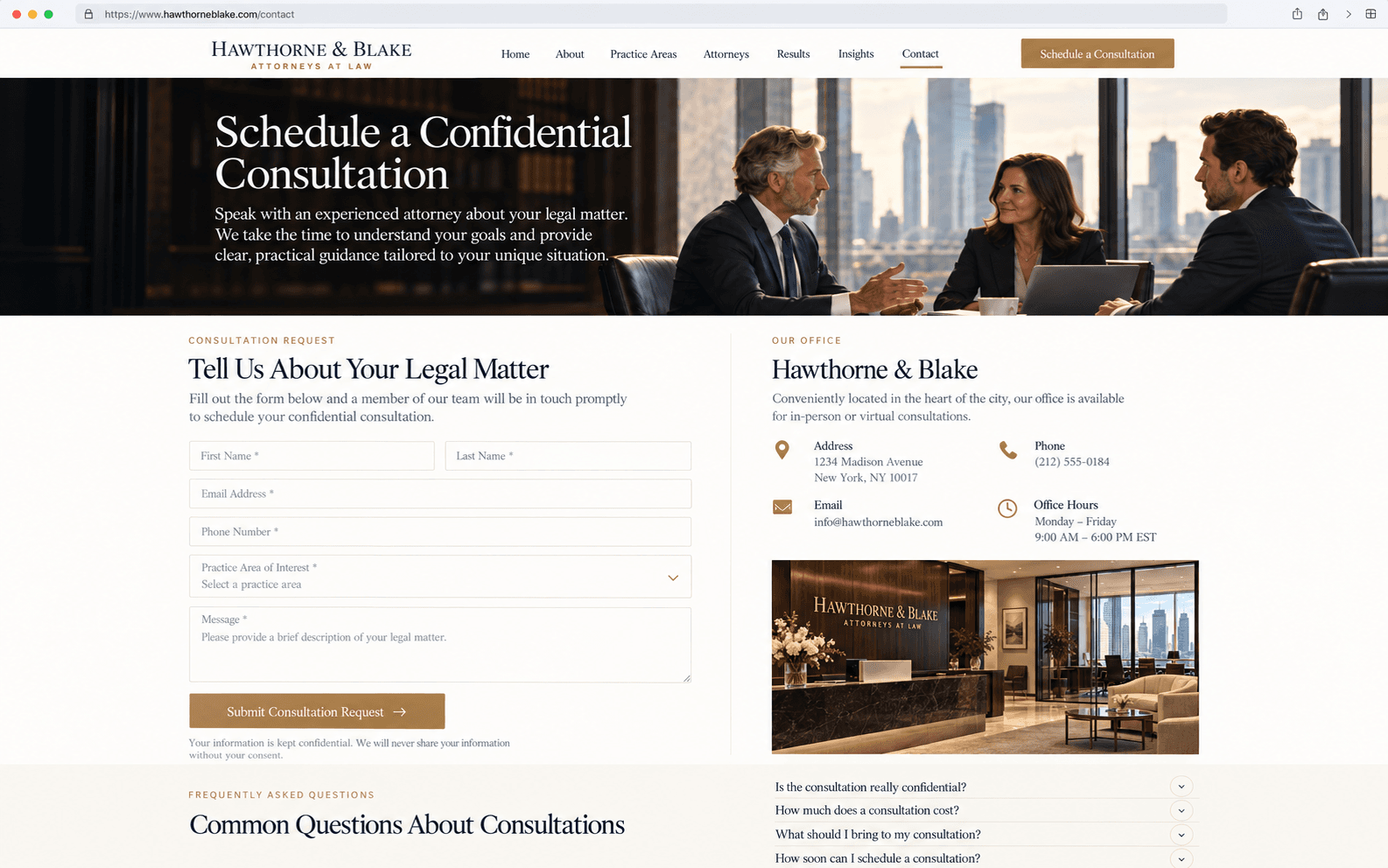 Hawthorne & Blake — Consultation and contact concept interface