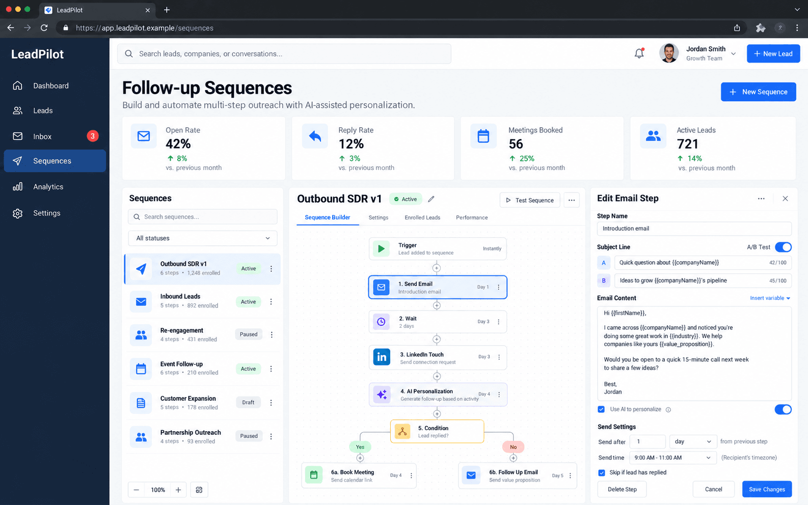 LeadPilot — Follow-up sequence builder concept interface