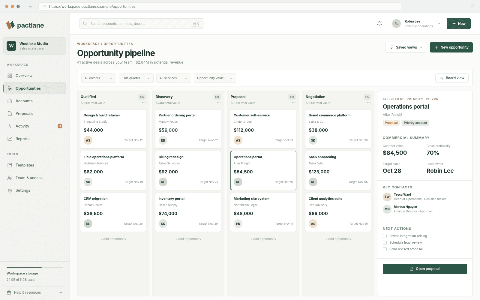 Pactlane — Opportunity pipeline concept interface