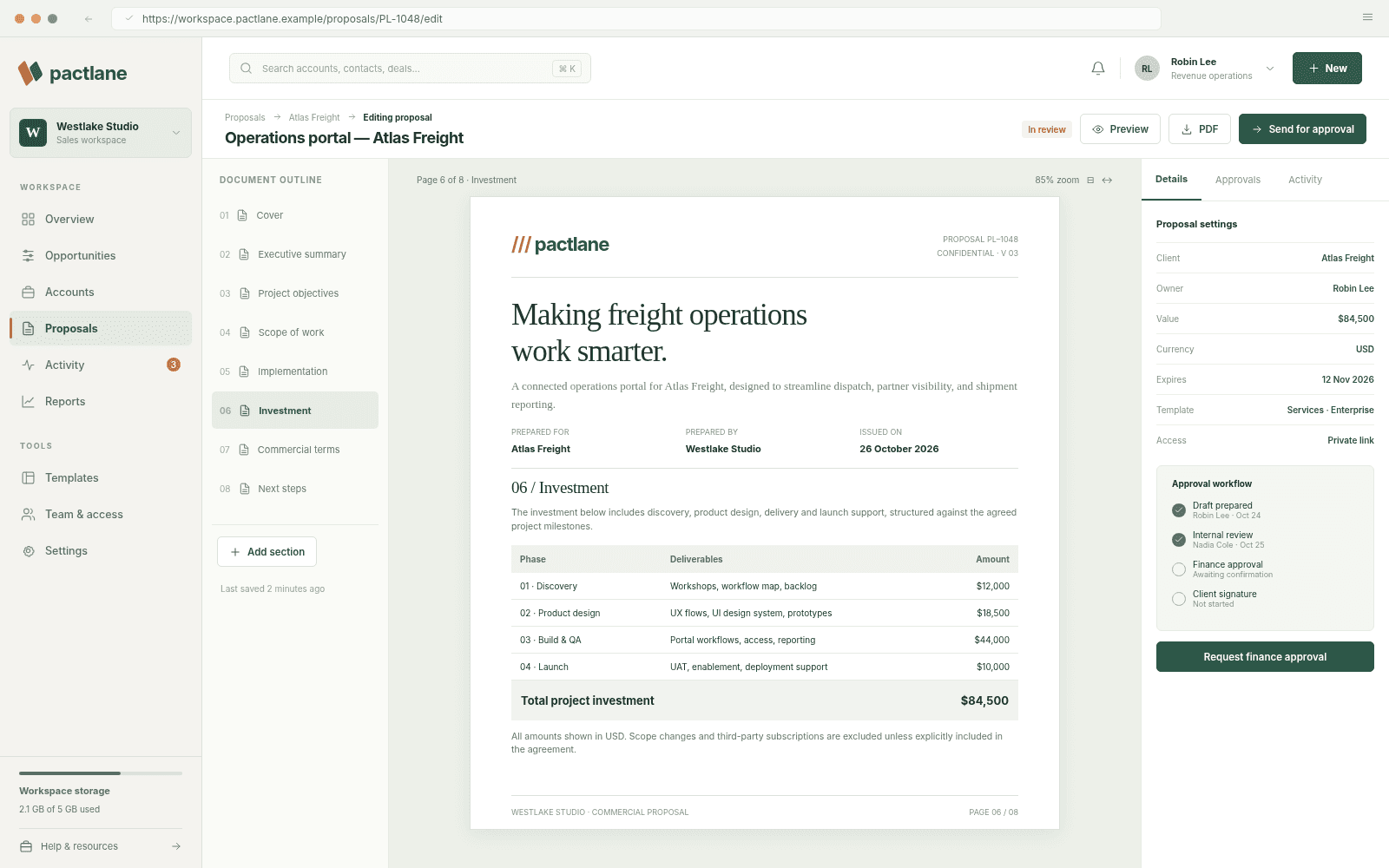 Pactlane — Proposal editor concept interface