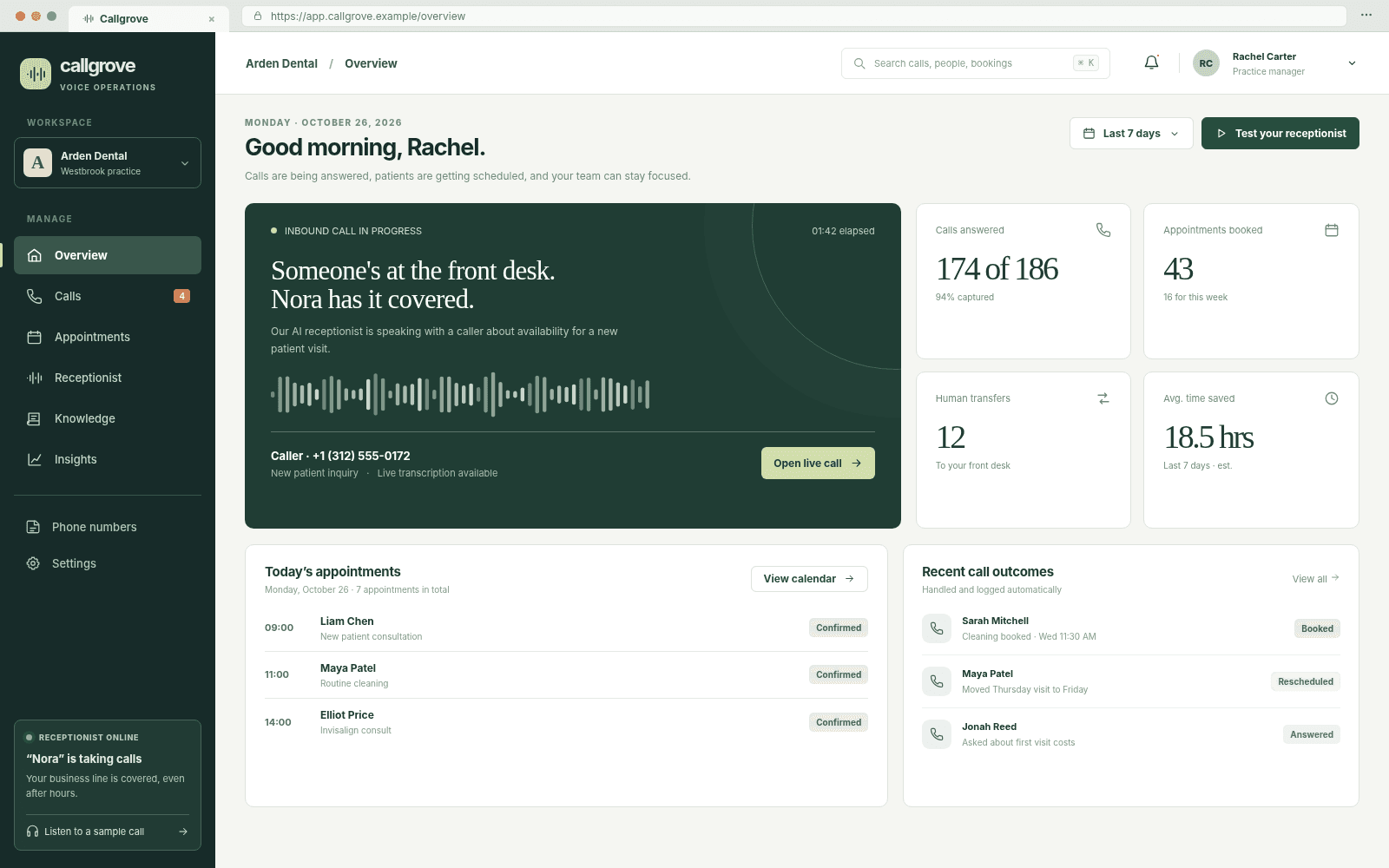 Callgrove — Voice operations overview concept interface