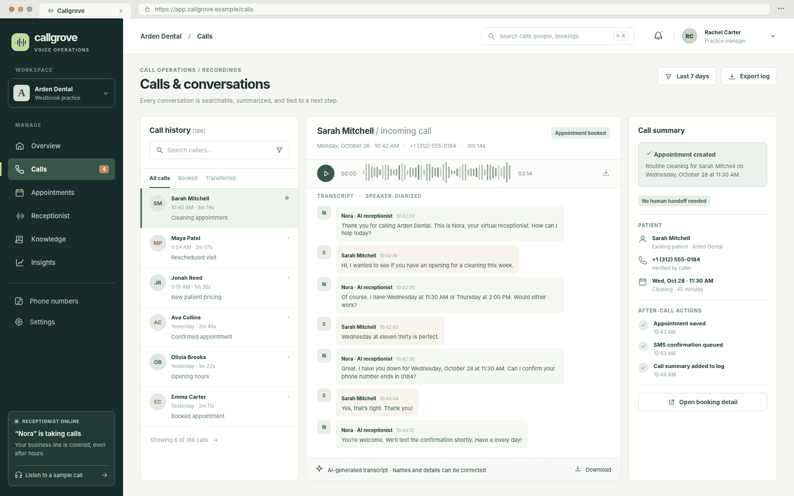 Callgrove — Call transcript and outcome concept interface