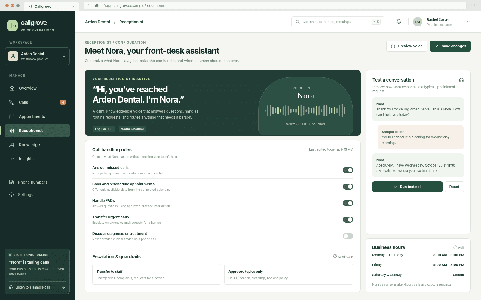 Callgrove — Receptionist configuration concept interface