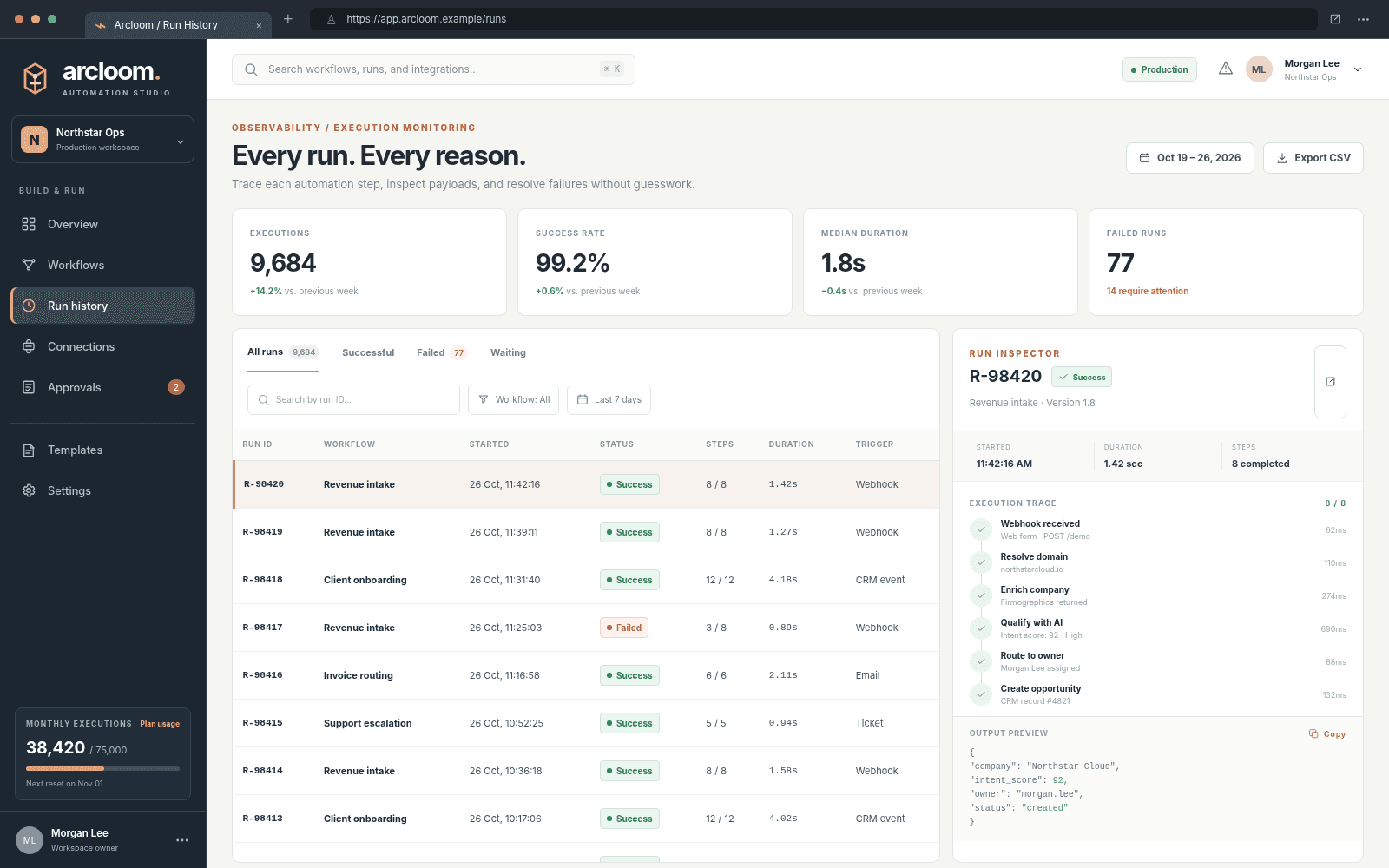 Arcloom — Run history and debugger concept interface