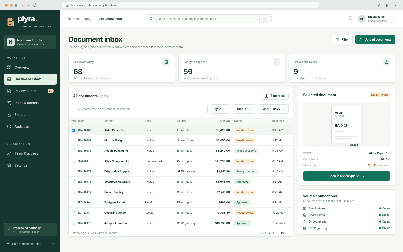 Plyra — Document inbox concept interface