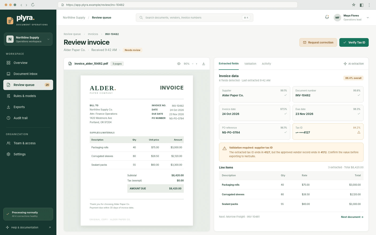 Plyra — Invoice review concept interface