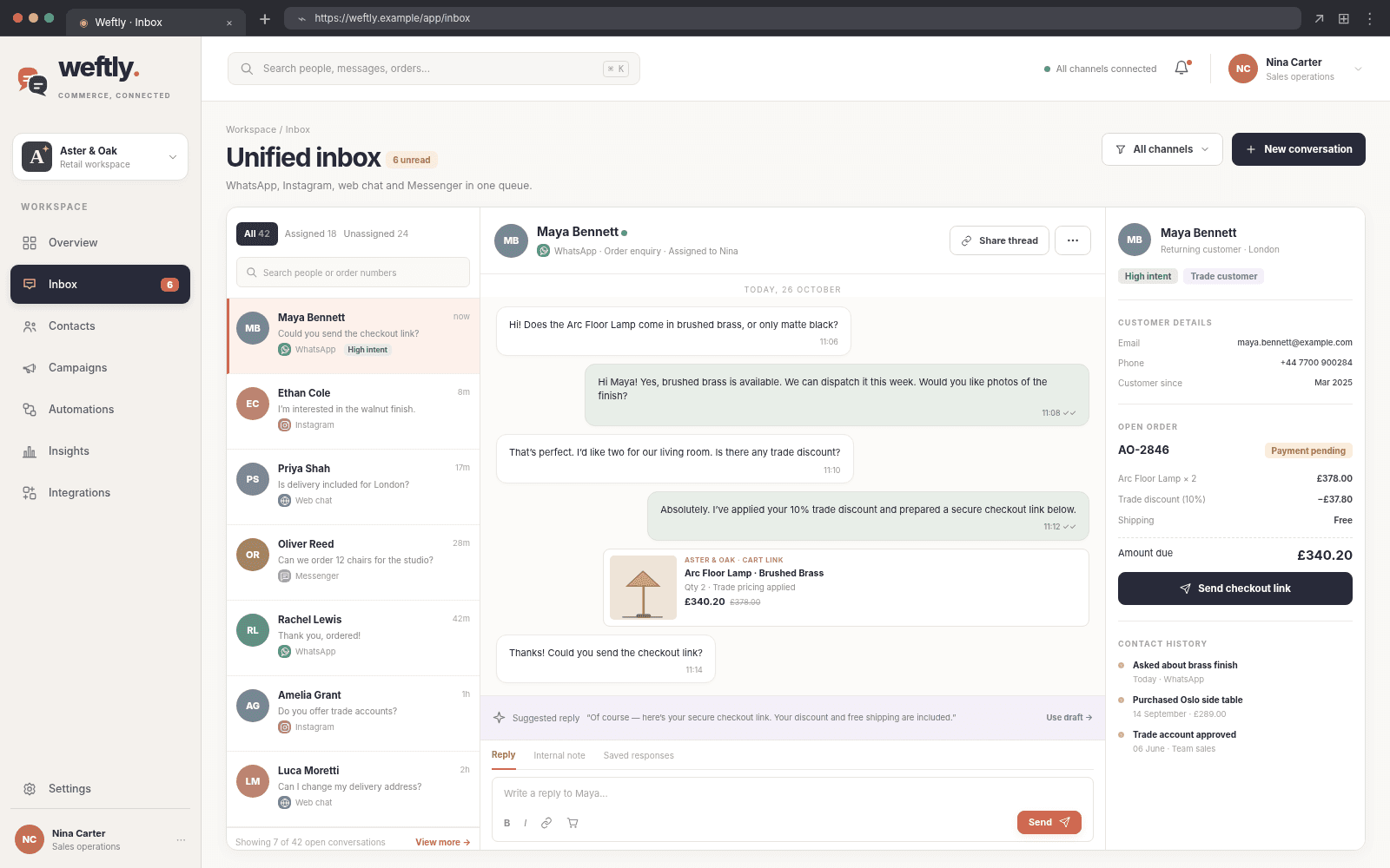 Weftly — Unified inbox and customer conversation concept interface