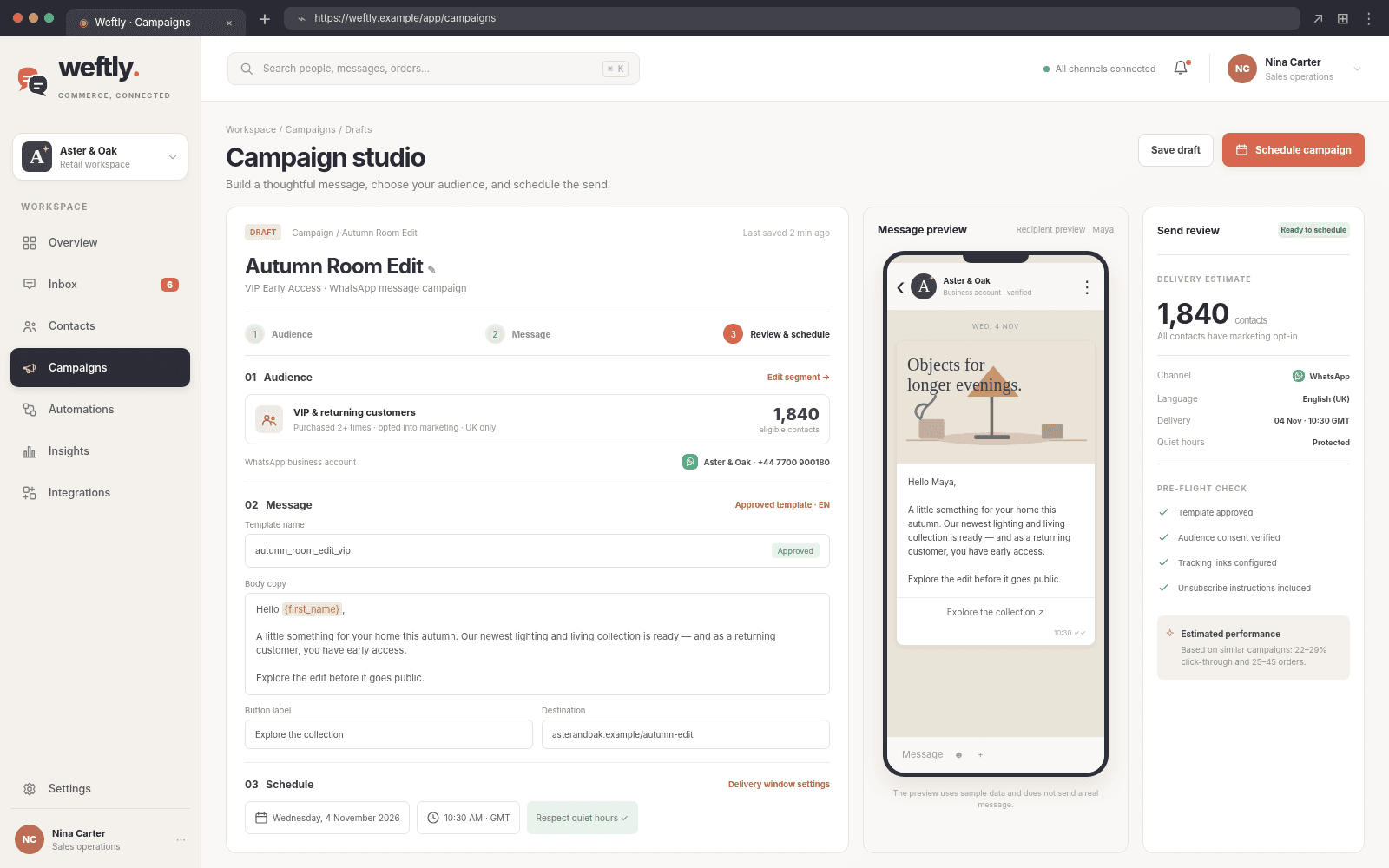 Weftly — Campaign studio concept interface