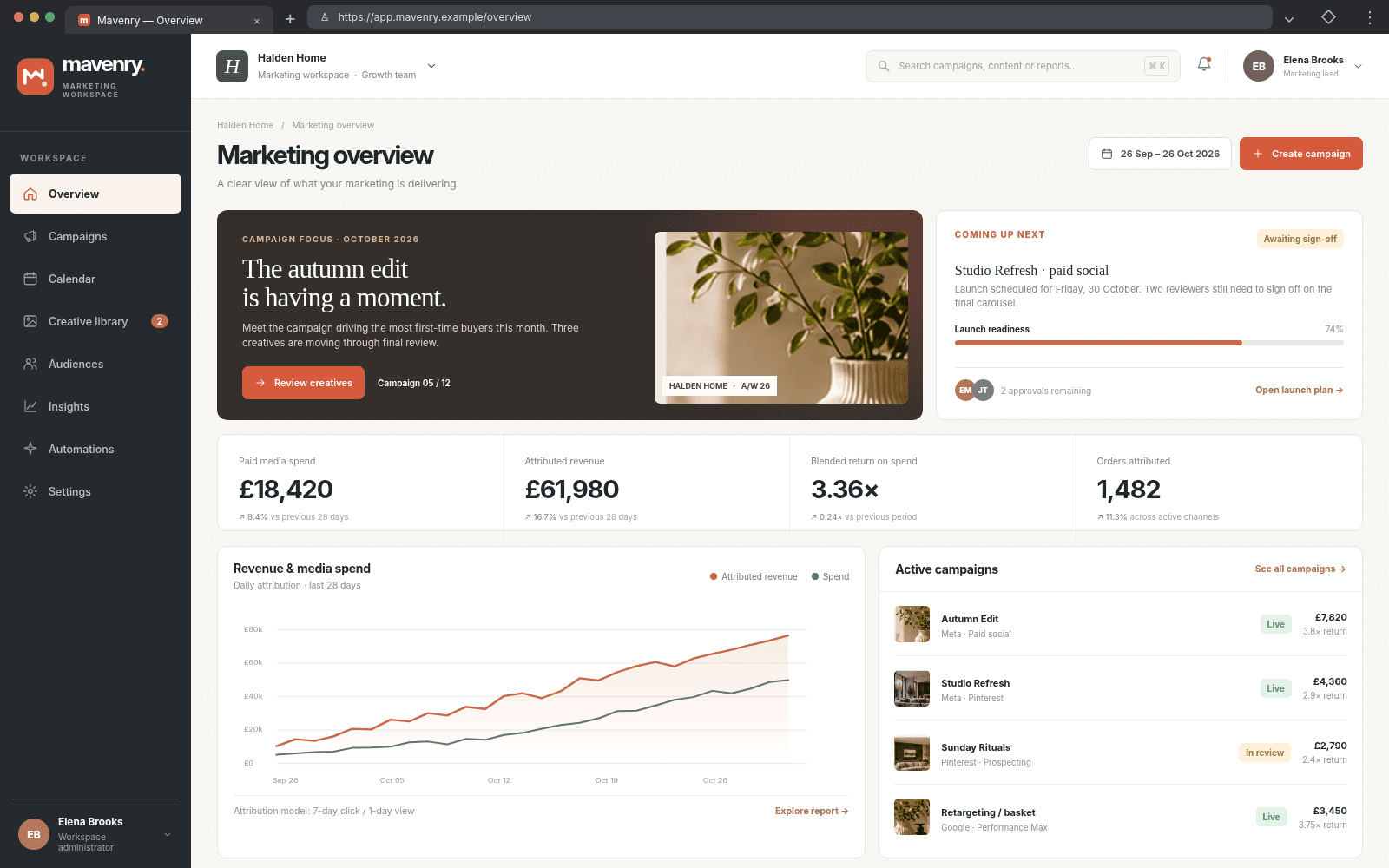 Mavenry — Marketing overview concept interface
