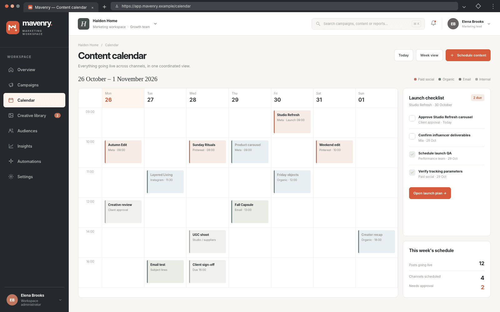 Mavenry — Content calendar concept interface