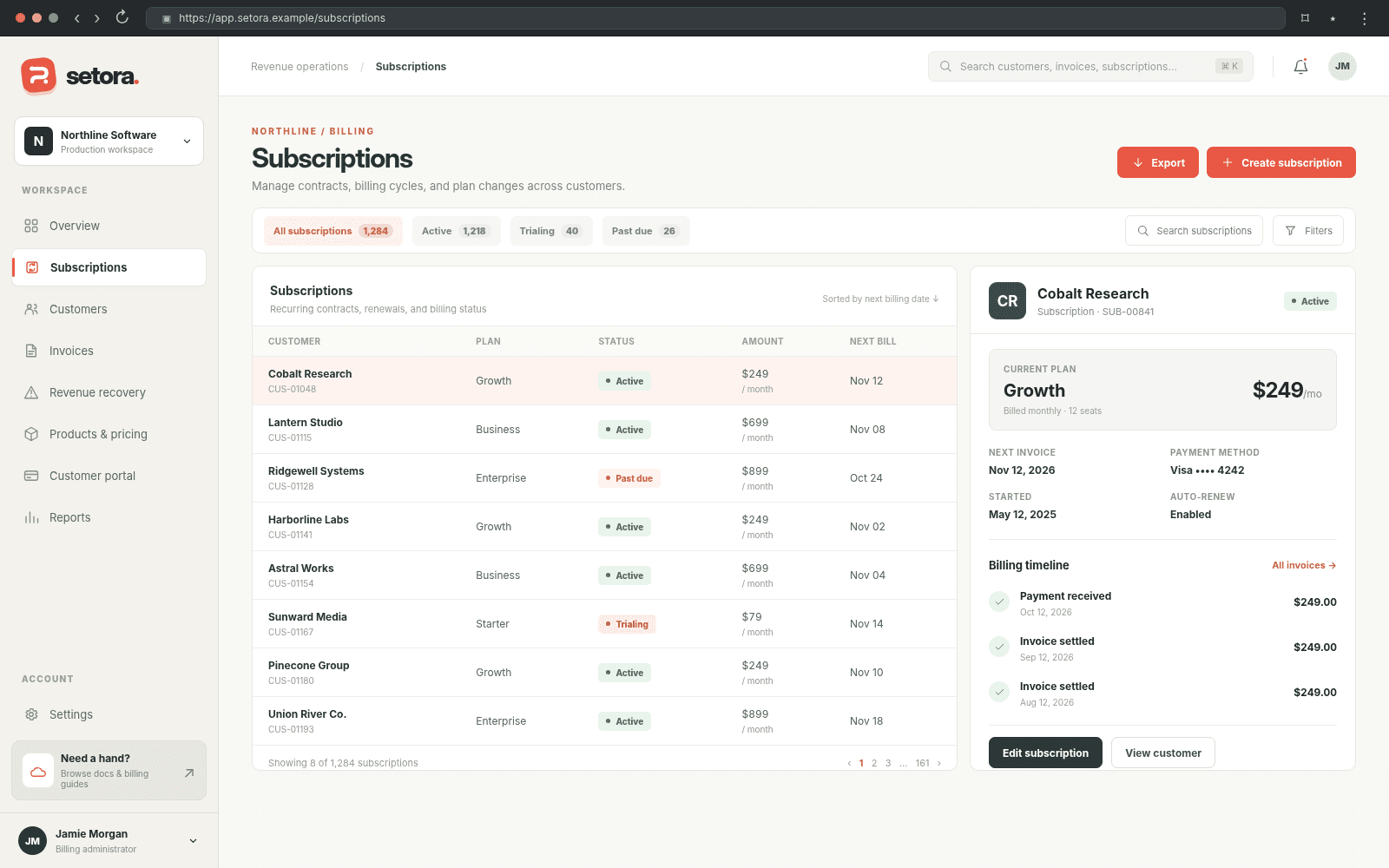 Setora — Subscription management concept interface