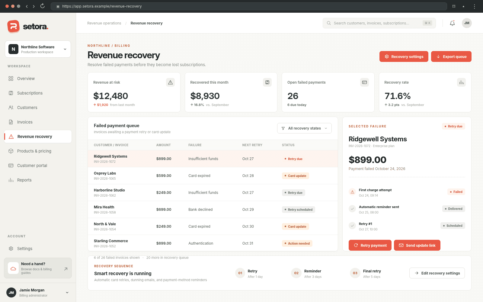 Setora — Payment recovery concept interface