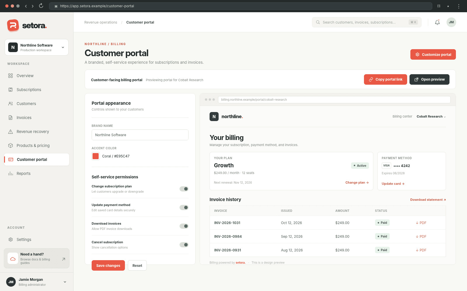 Setora — Customer billing portal concept interface