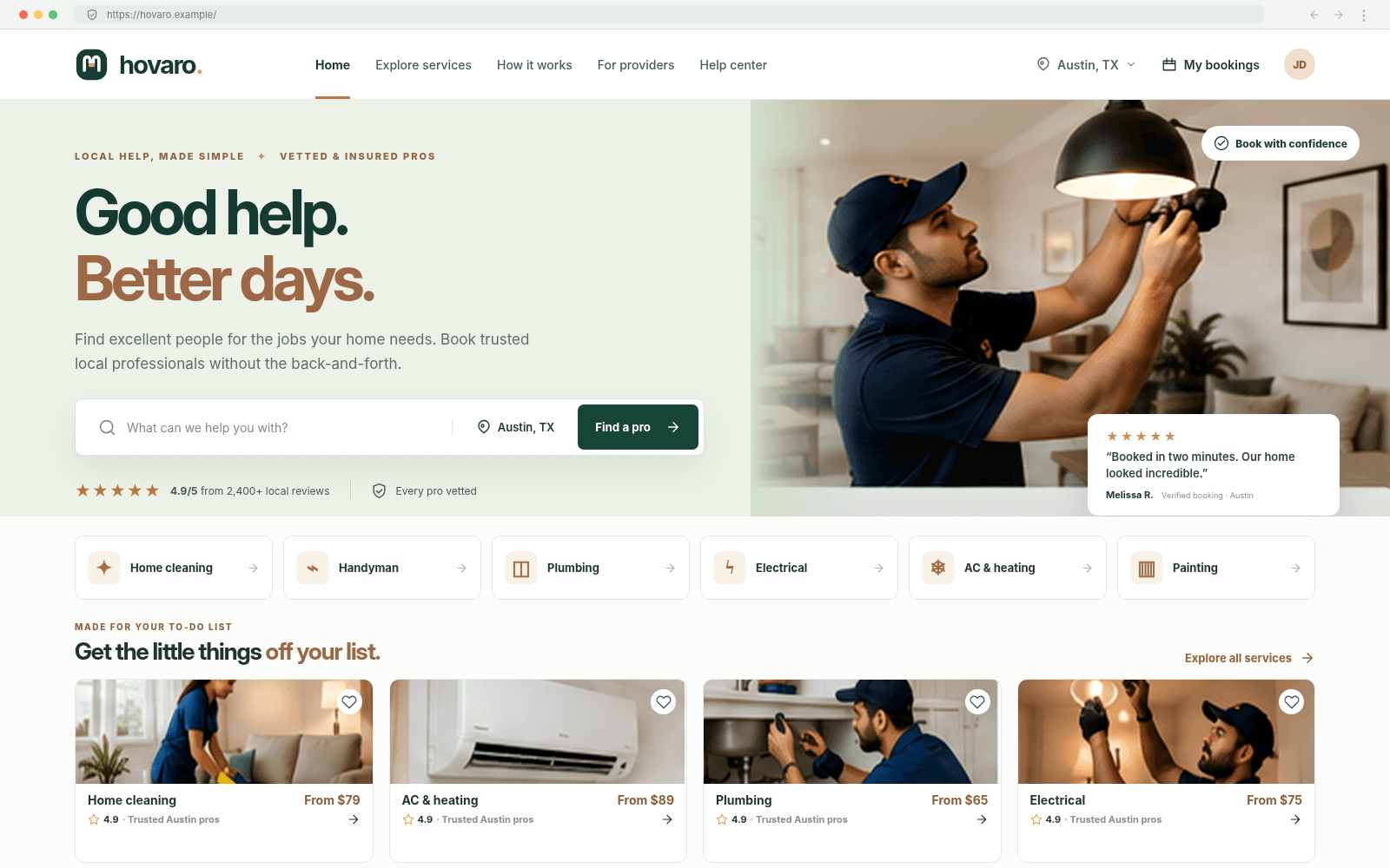 Hovaro — Marketplace homepage concept interface