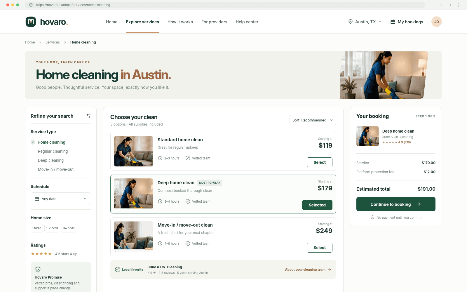 Hovaro — Explore services concept interface