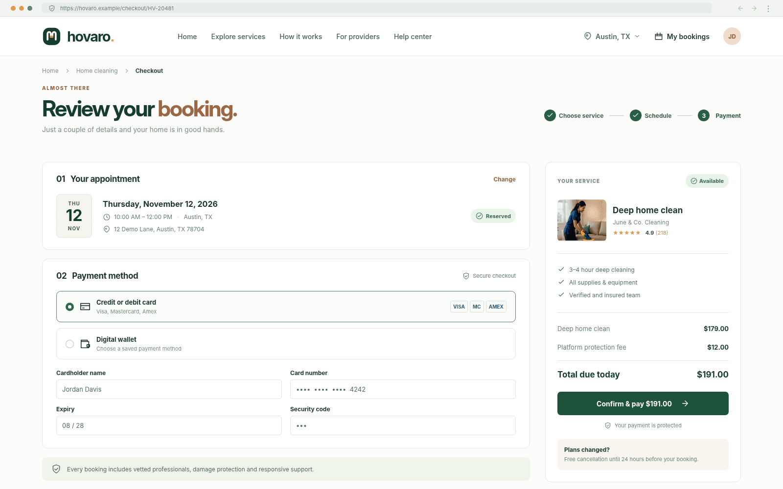 Hovaro — Booking and payment concept interface