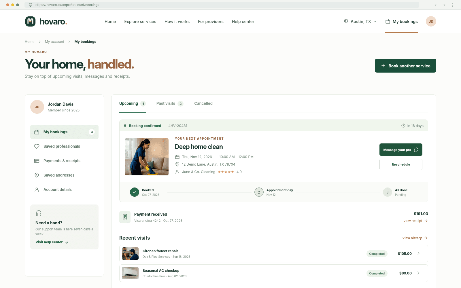 Hovaro — My bookings concept interface