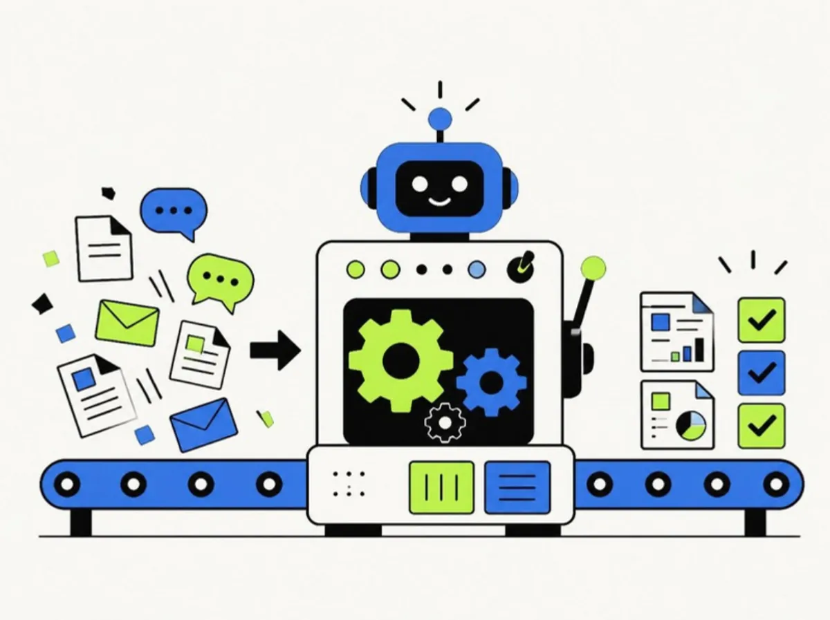 AI workflow automation pipeline turning documents, emails and chat messages into finished reports and completed tasks