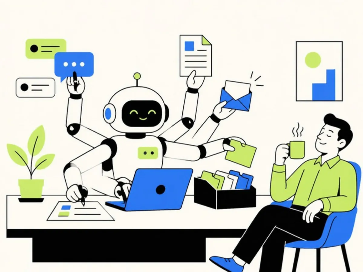 Custom AI agent automating business work: answering customer chats, sorting documents, updating spreadsheets and sending emails while the business owner relaxes