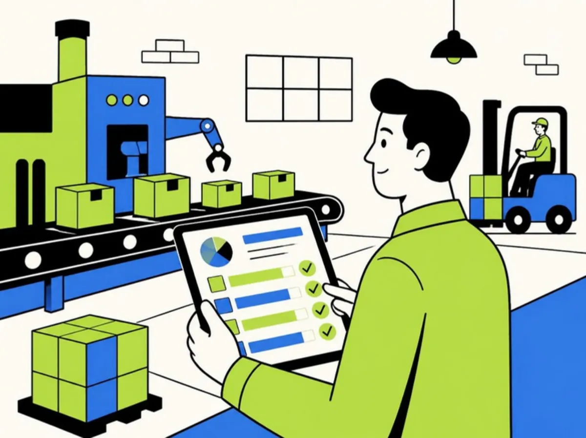 Manufacturing ERP in use on a factory floor: production manager tracking machines, conveyor output and dispatch on a live tablet dashboard