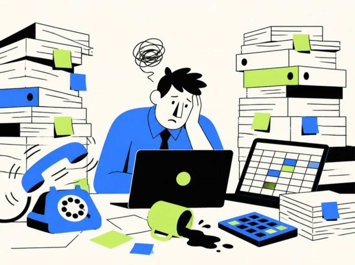 Factory office manager overwhelmed by paper registers, sticky notes, phone calls and messy Excel spreadsheets before switching to an ERP