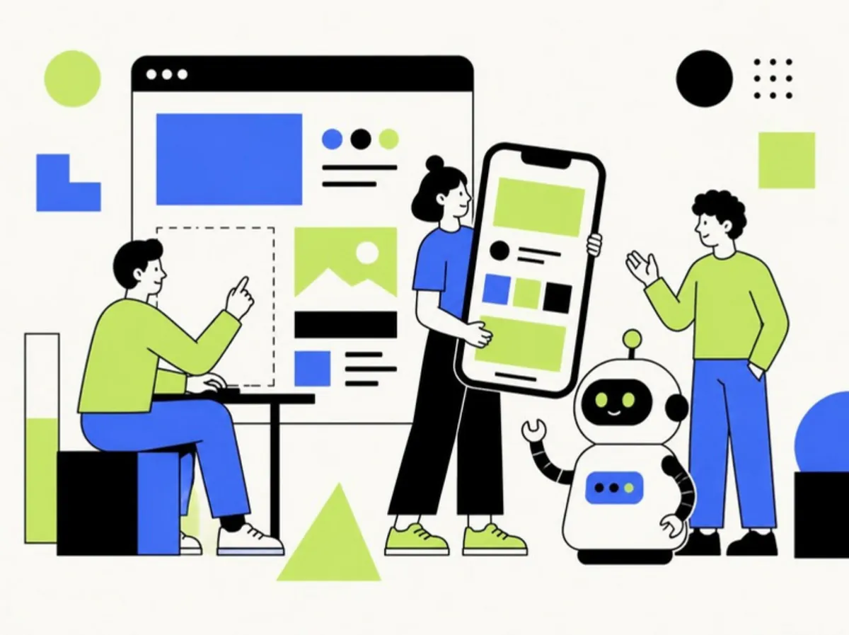 Team of three developers building a web app layout, a mobile app and an AI chatbot assistant for a client