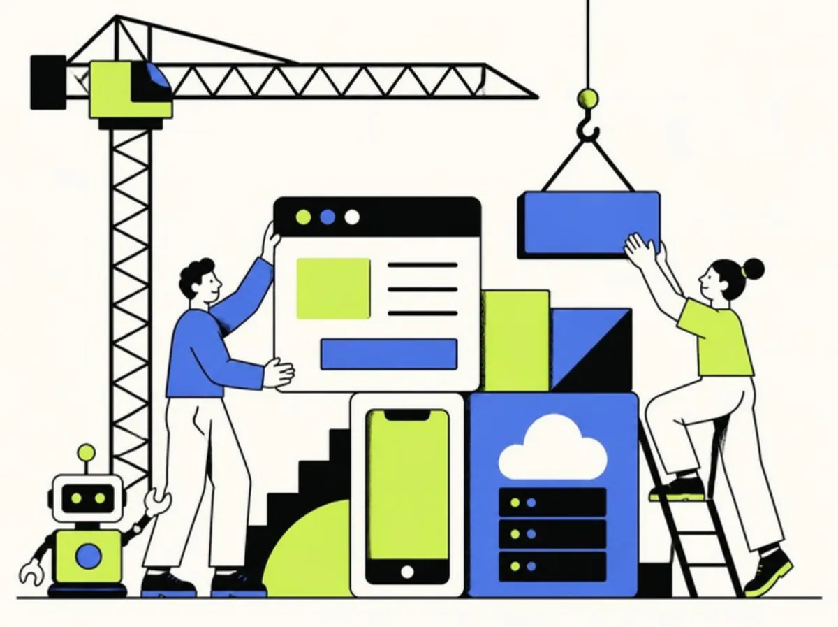 Software development team assembling a web app, mobile app, cloud server and AI agent from building blocks with a crane