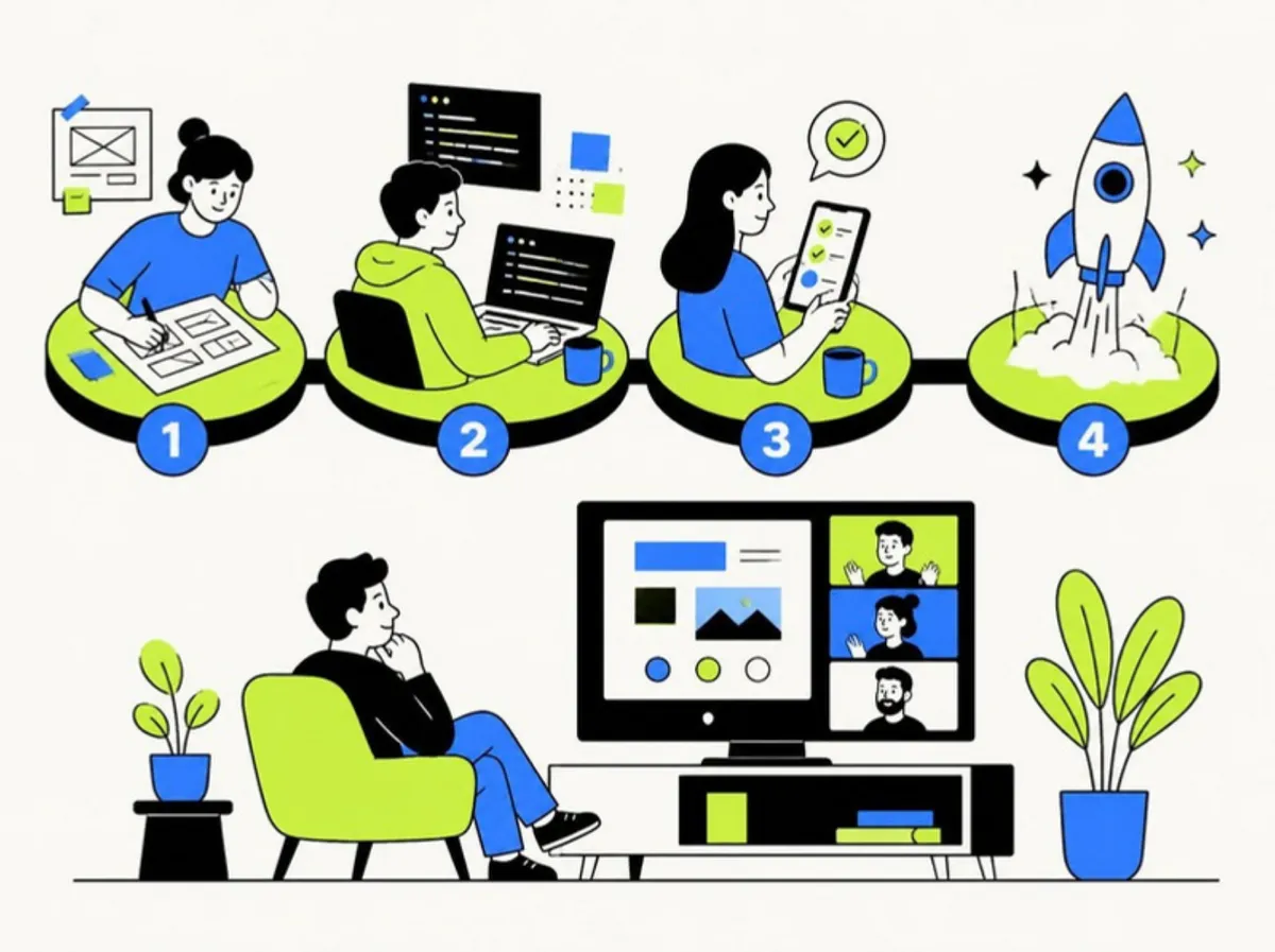 Agile software development process: wireframe sketching, coding, mobile app testing with a QA checklist and product launch, with the client watching a weekly demo