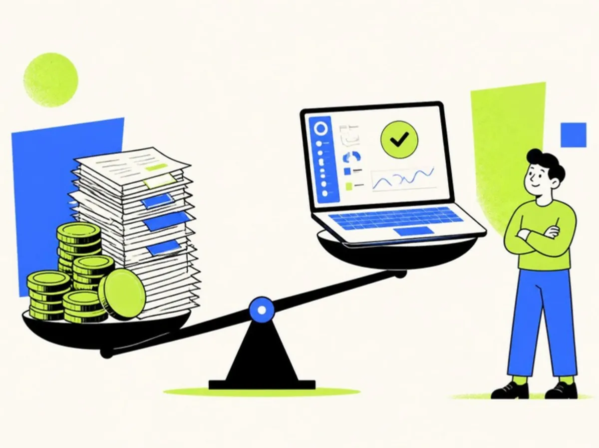 Offshore development cost comparison: balance scale tipping toward a working app on a laptop over a pile of agency invoices