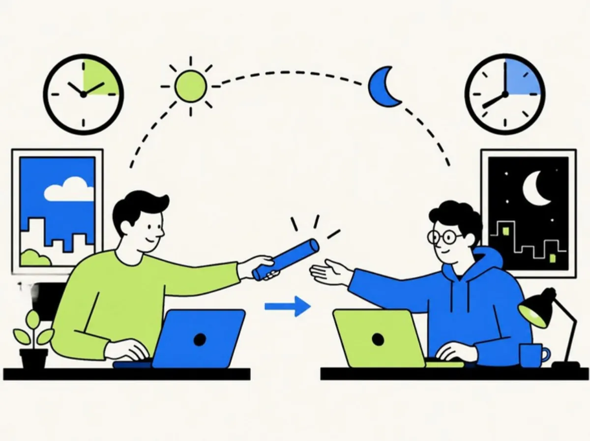 Offshore developers for US companies: founder working by day and developer working by night, handing off work across time zones