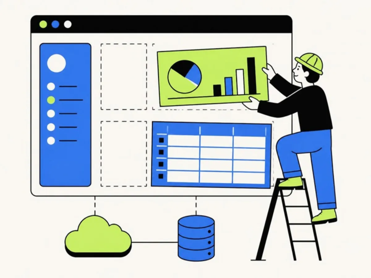 Web app development: developer building a web application dashboard in a browser window with cloud server and database