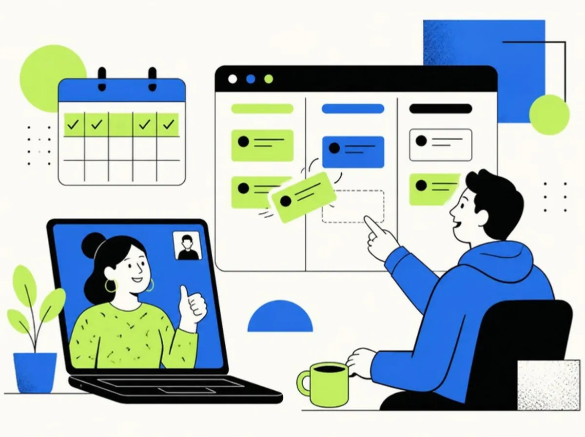 How our web app development engagement works: weekly video demo with the client approving progress on a shared task board
