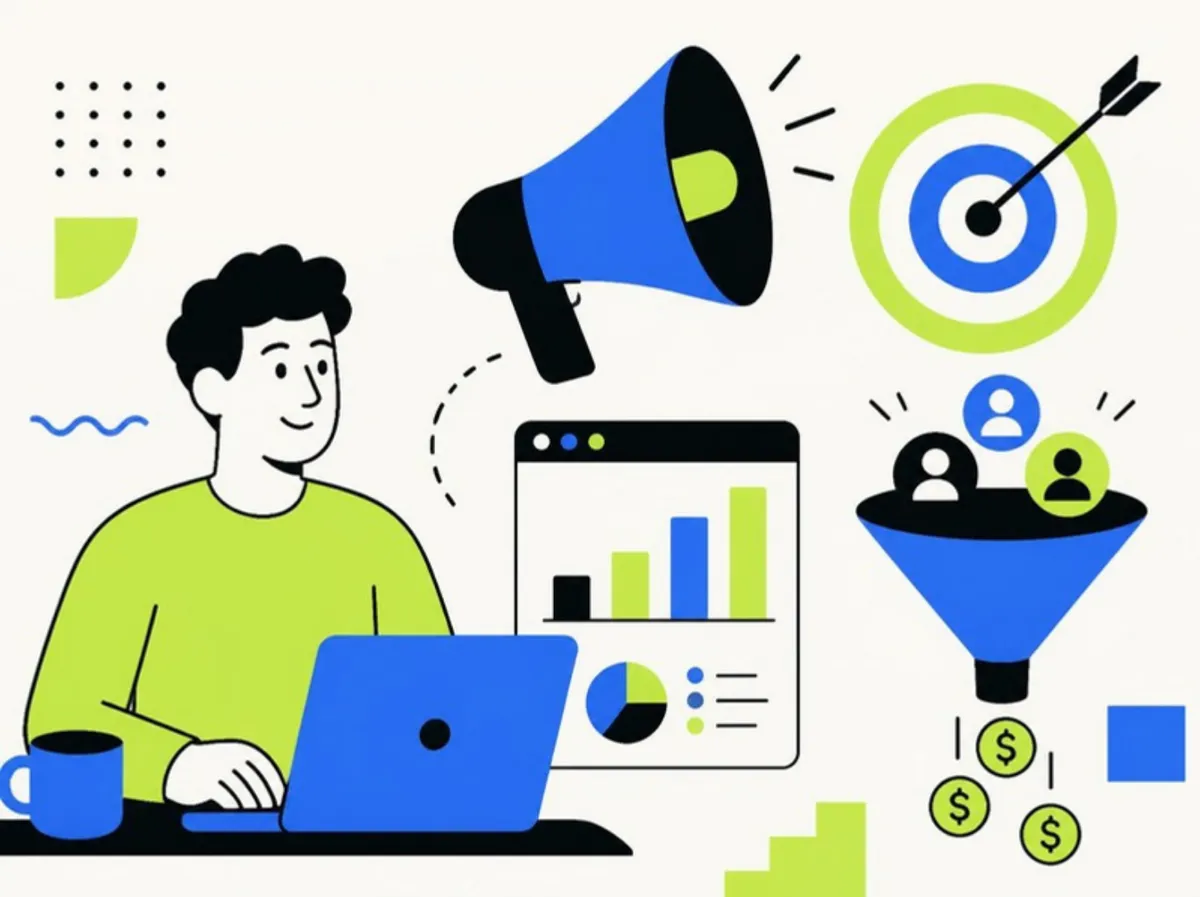 Founder setting up startup ads: megaphone, targeting, conversion funnel and campaign dashboard