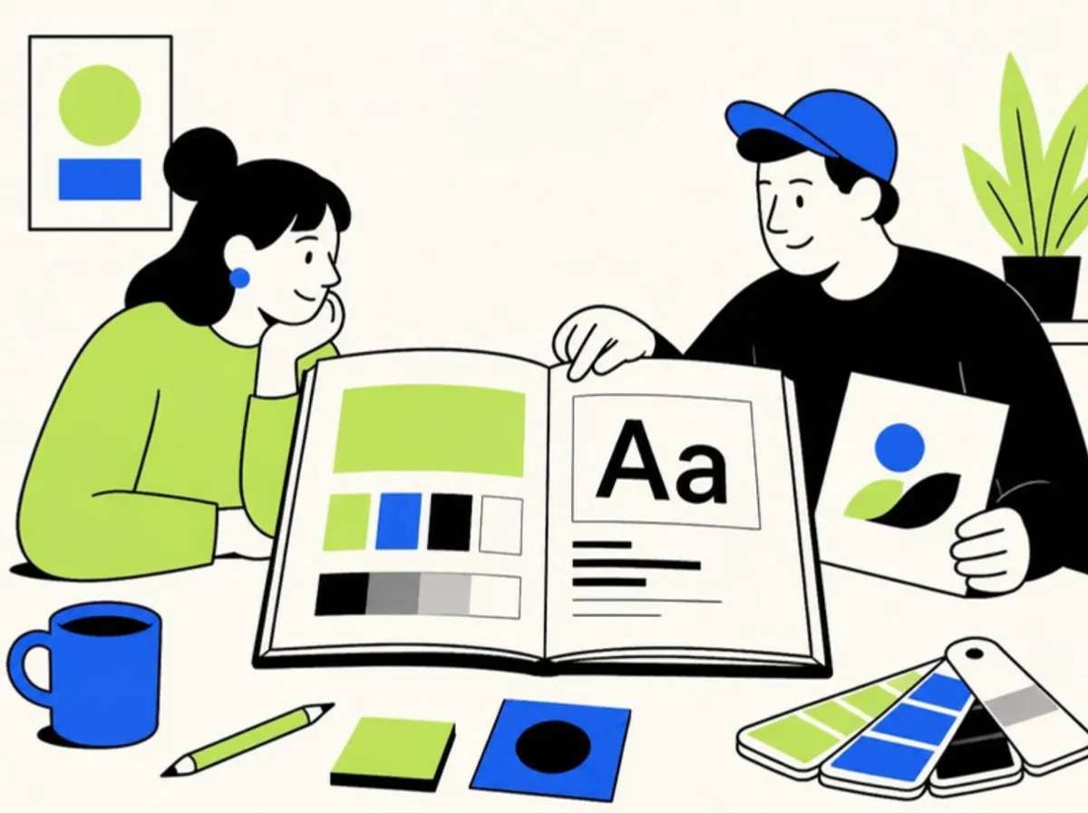 Designer and founder reviewing startup brand guidelines with colour swatches, typography and logo