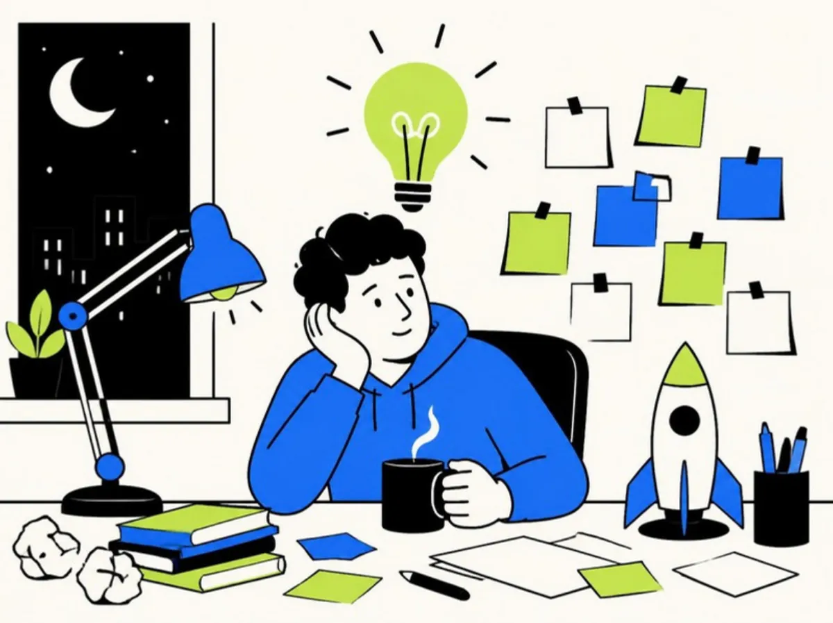 First-time founder working late at night on a startup idea, surrounded by sticky notes
