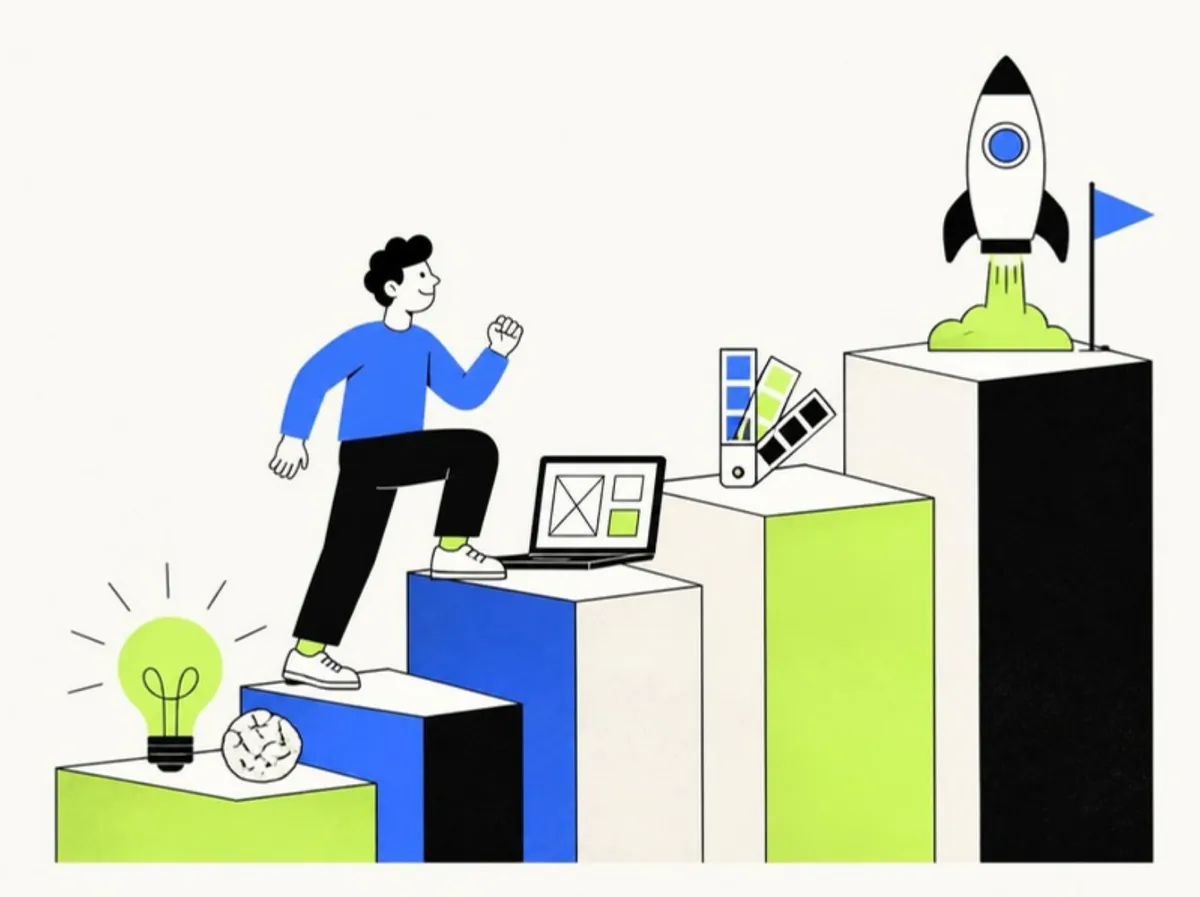 The path to start a startup: a founder climbing steps from an idea to a product launch