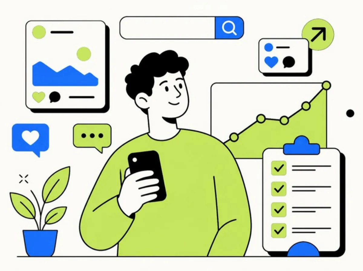 Founder reviewing an organic reach audit: SEO search, social engagement and a growth checklist
