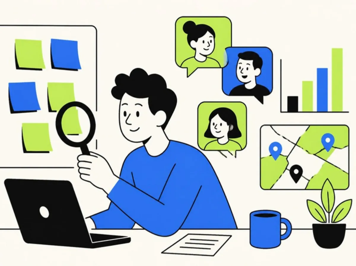Founder doing startup market research: customer interviews, competitor notes and a market map